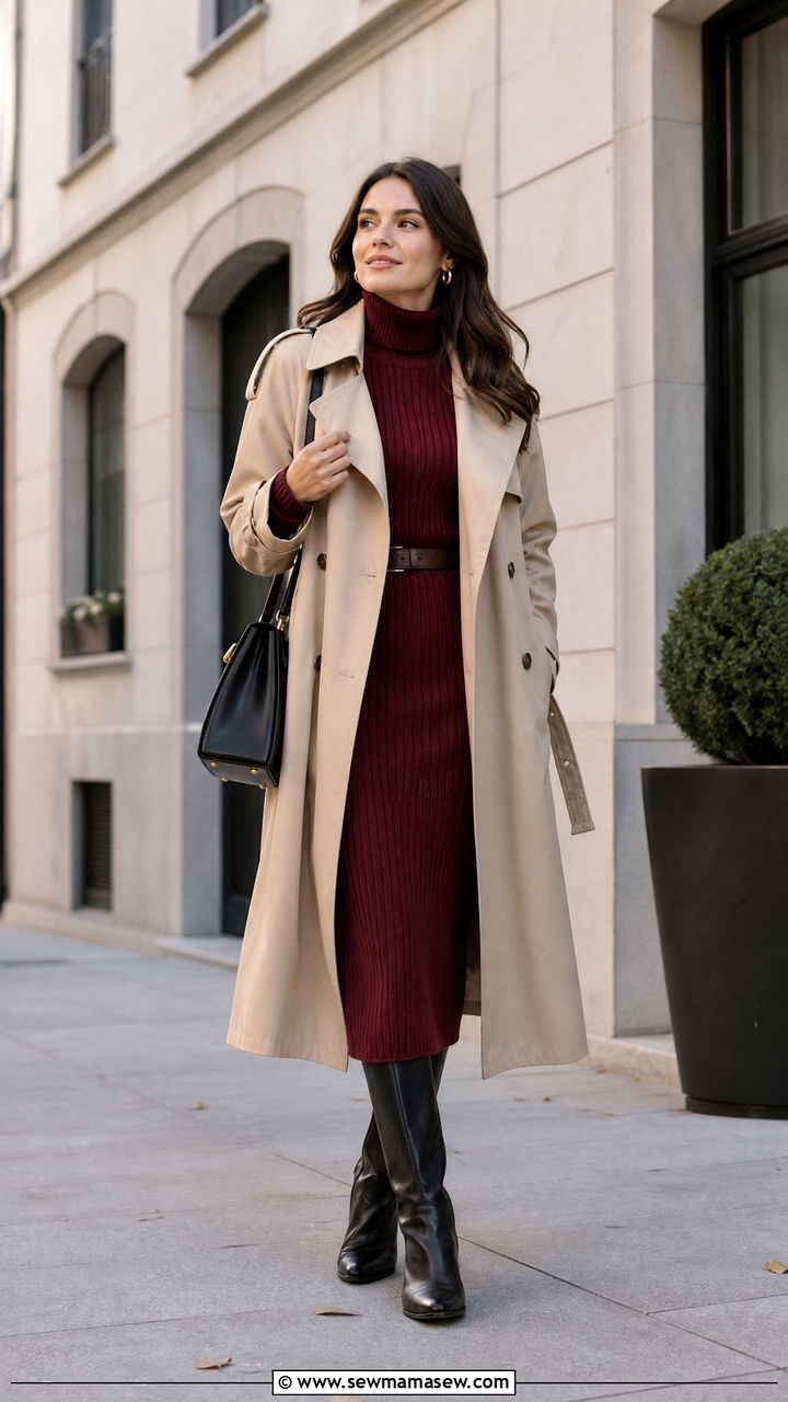Trench coat layered over a knit midi dress and knee high boots - 30 First cold day outfits