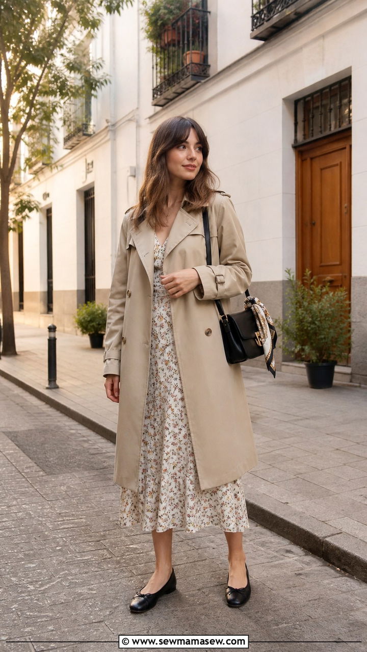 Trench coat layered over a midi dress and ballet flats - 40 What to wear in Madrid