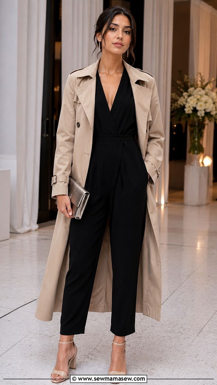 Trench coat layered over a sleeveless tailored jumpsuit and block heel sandals - 30 Spring outfits with trench coat