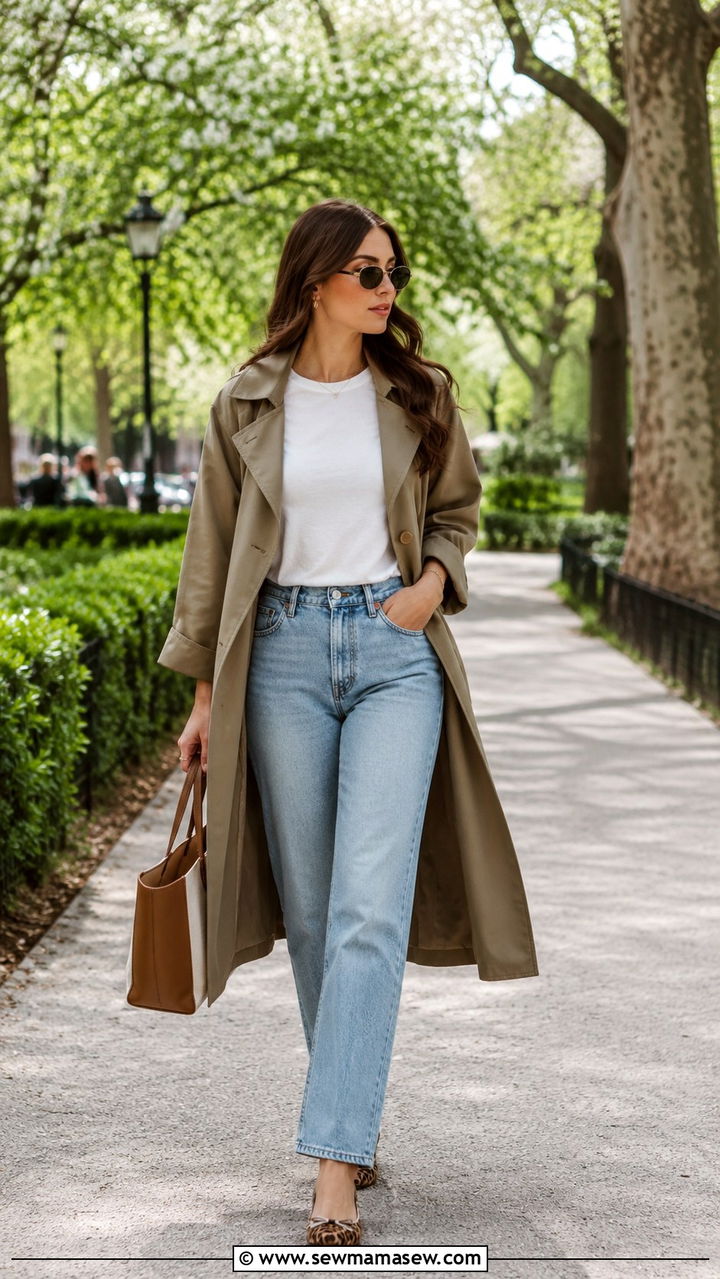 Trench coat layered over a white tee and light wash jeans - 25 2026 outfits