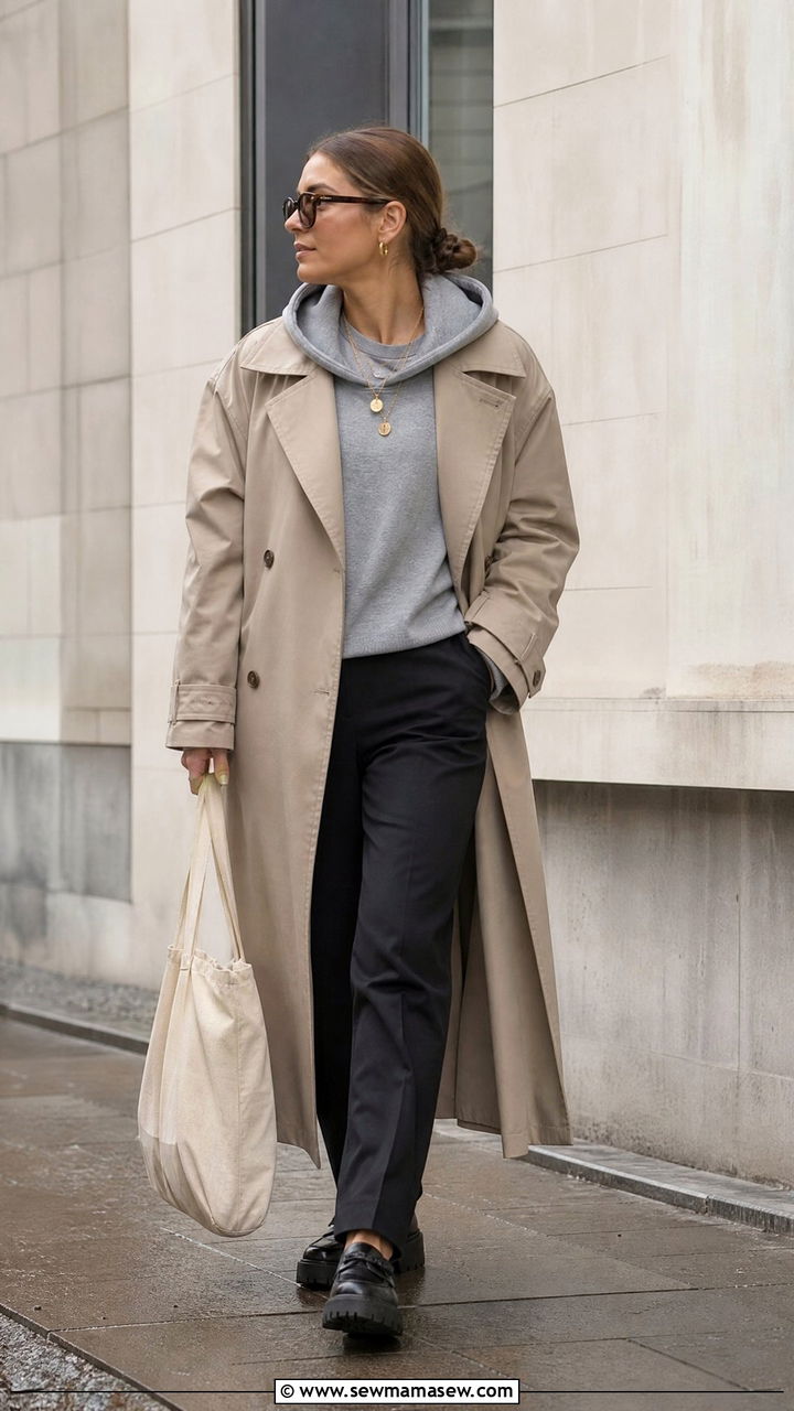 Trench coat layered over hoodie Copenhagen outfit - 25 casual Copenhagen outfits