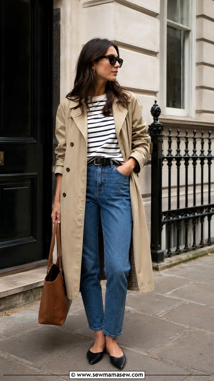 Trench coat layered over striped tee outfit - 30 casual Pinterest outfits