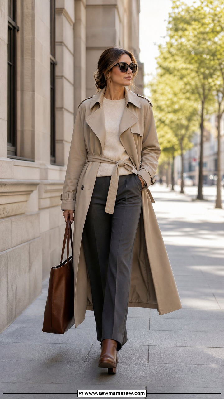 Trench coat layered over sweater and trousers - 30 librarian core outfits ideas