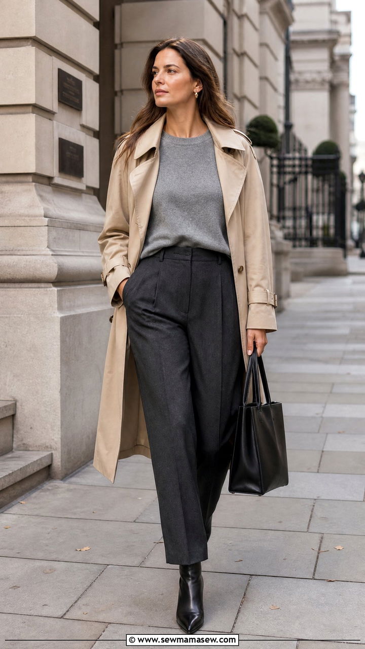 Trench coat layered over tailored trousers - 25 Business casual outfits with pants