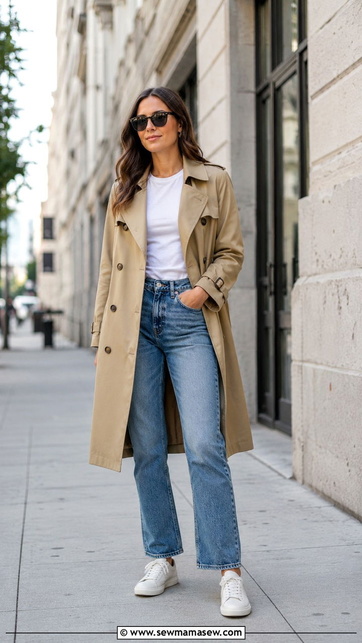 Trench coat outfit with white t shirt and jeans - 30 transitional trench coat outfit ideas