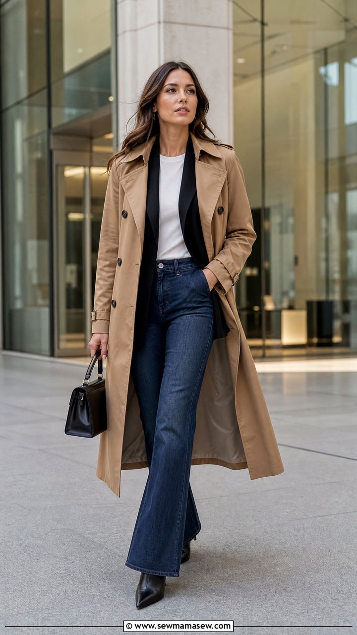 Trench coat over a blazer and flare jeans layered look - 30 Flare jeans outfit ideas with a trench coat