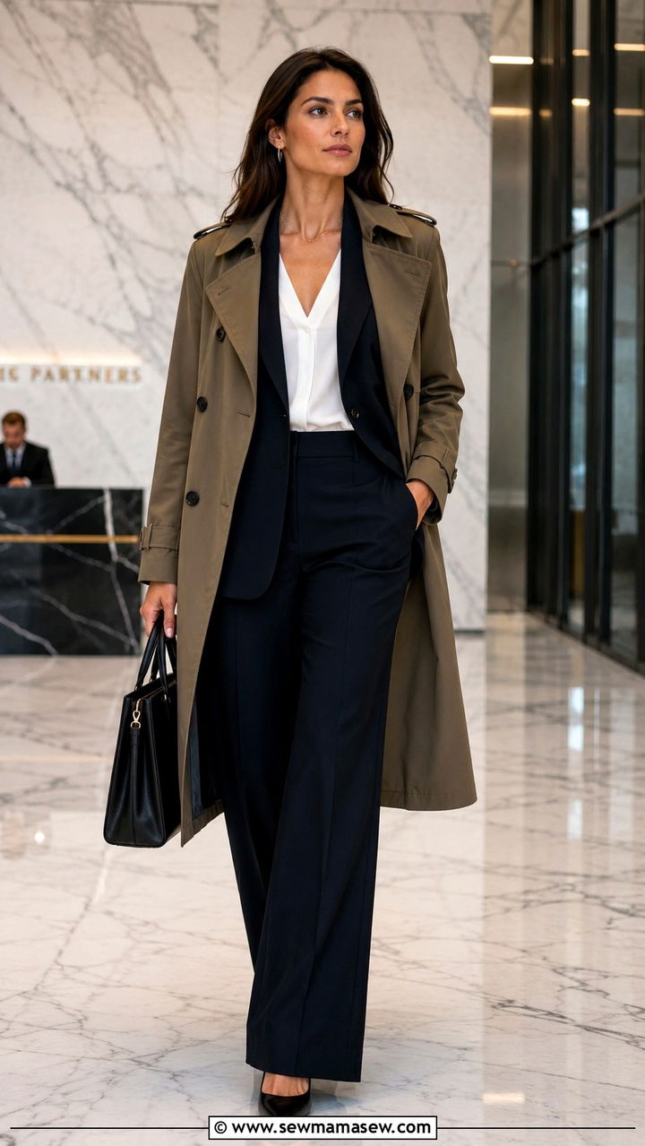 Trench coat over a blazer and wide leg trousers - 30 transitional trench coat outfit ideas