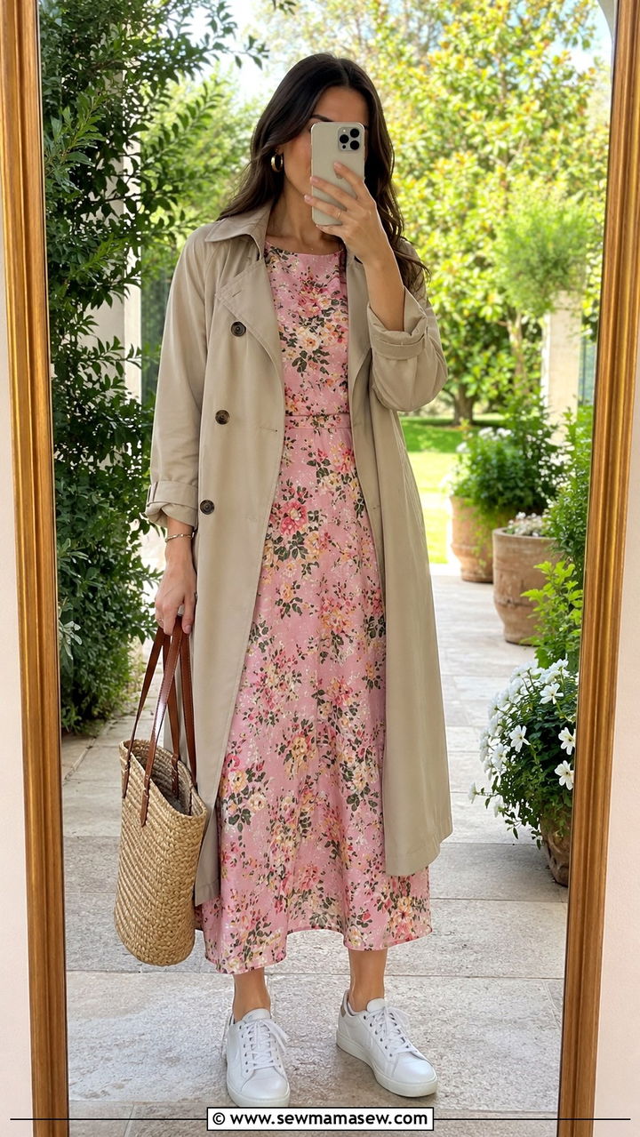 Trench coat over a floral midi dress - 30 How to style a trench coat in spring