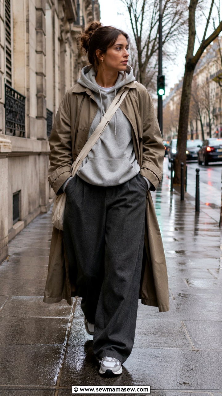 Trench coat over a hoodie with wide leg trousers - 30 Chaotic academia outfit ideas