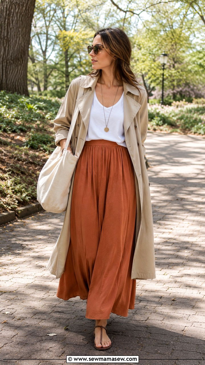 Trench coat over a long fluid maxi skirt and flat leather sandals - 30 Spring outfits with trench coat