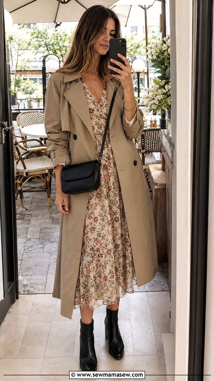 Trench coat over a midi dress and ankle boots - 30 transitional trench coat outfit ideas