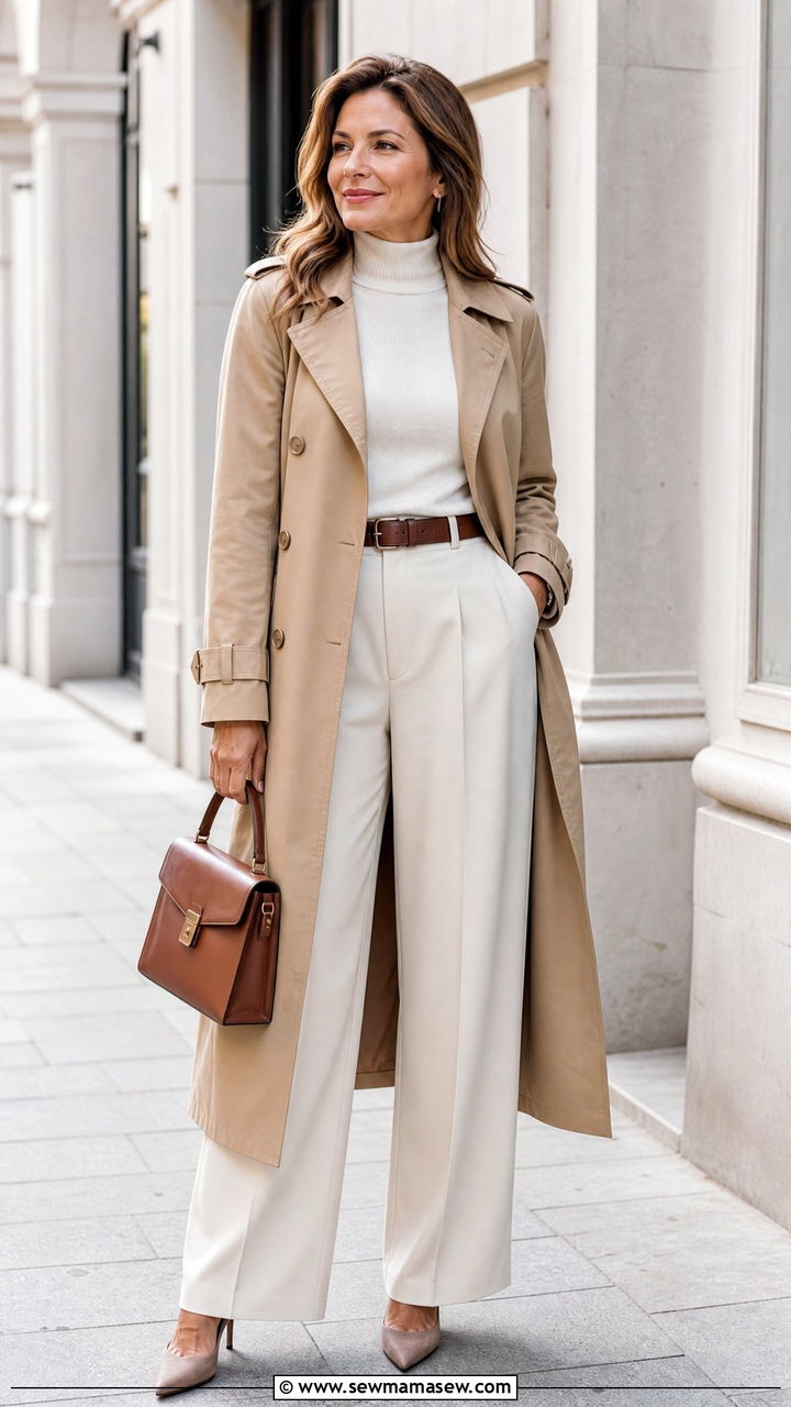 Trench coat over a turtleneck and wide leg trousers with pumps - 35 Midsize outfits for women over 40