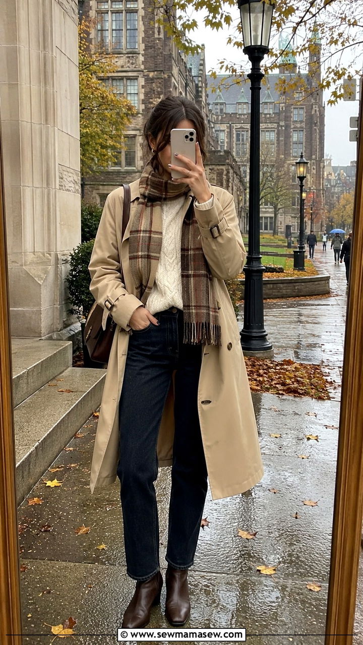 Trench coat over cable knit sweater outfit - 30 Preppy college outfit ideas
