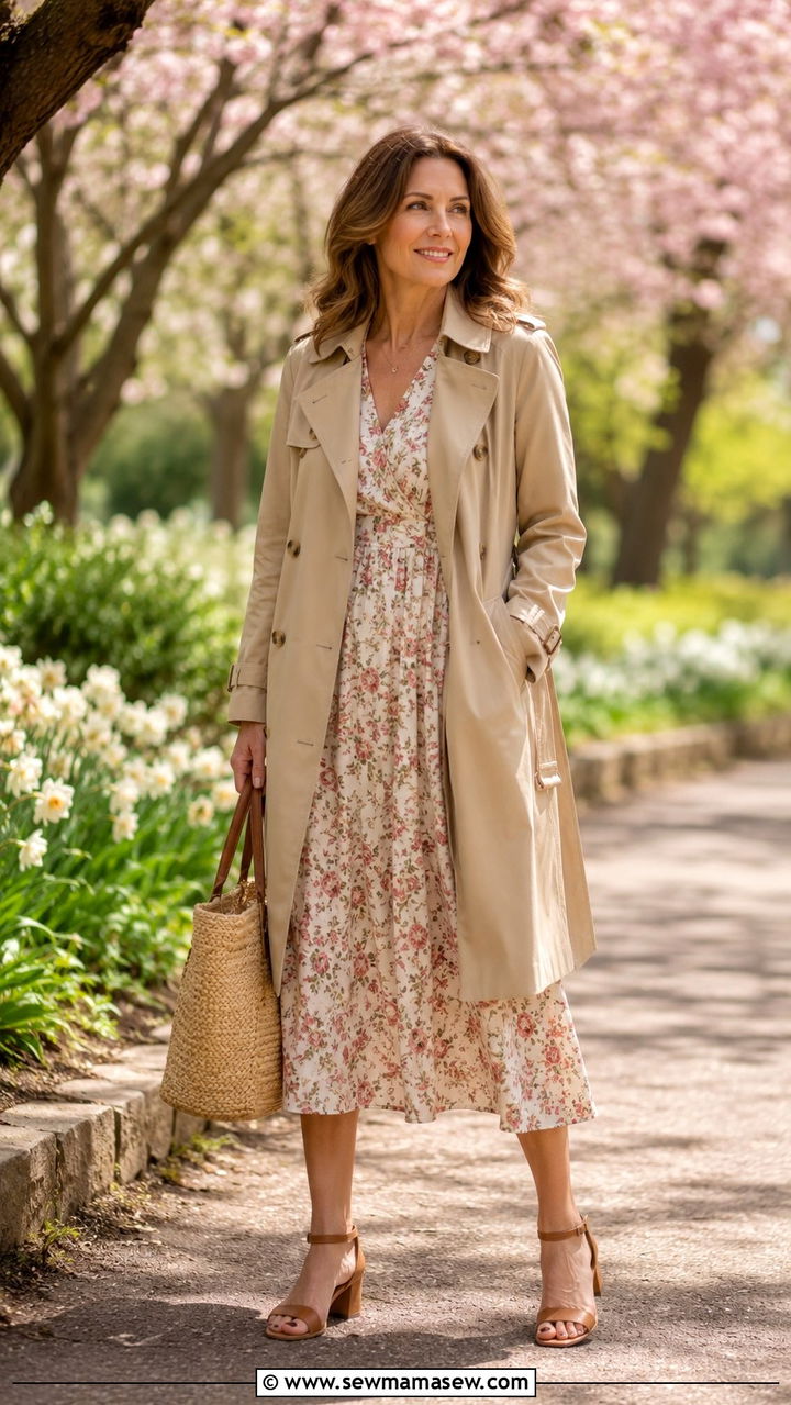 Trench coat over floral midi dress with sandals - 30 parisian outfit ideas for women over 40