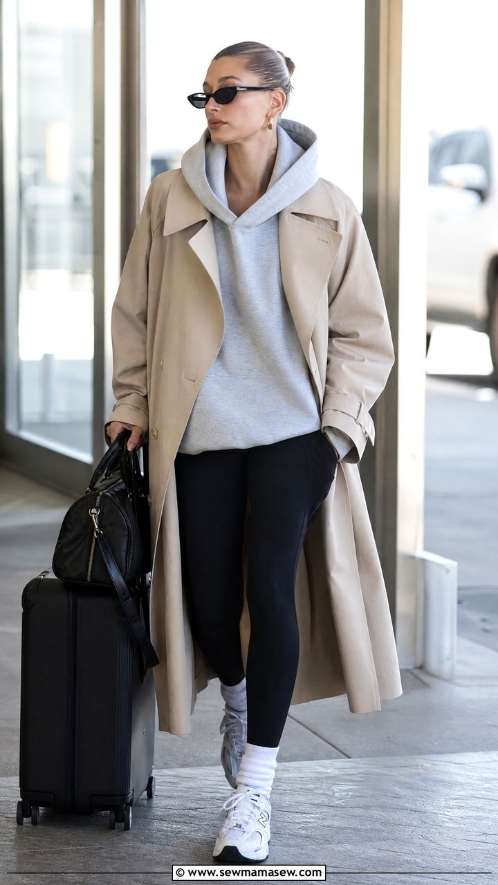 Trench coat over hoodie with leggings and sneakers - 35 Hailey Bieber spring outfit ideas