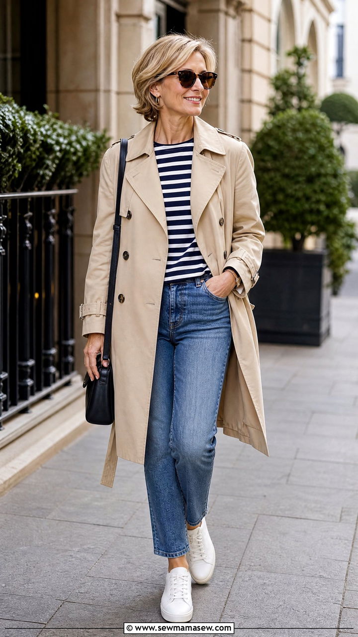 Trench coat over jeans and sneakers outfit - 35 Jeans and sneakers outfit ideas over 50