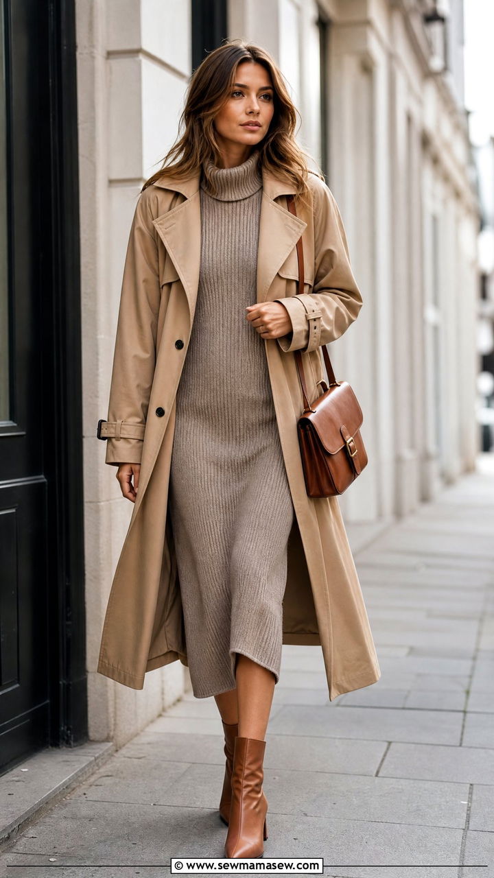 Trench coat over knit midi dress outfit - 25 librarian core outfits 2026