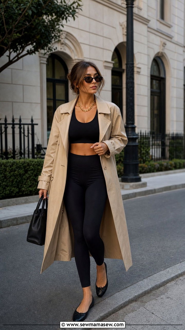 Trench coat over leggings and sports bra - 25 Sporty chic outfit ideas pilates
