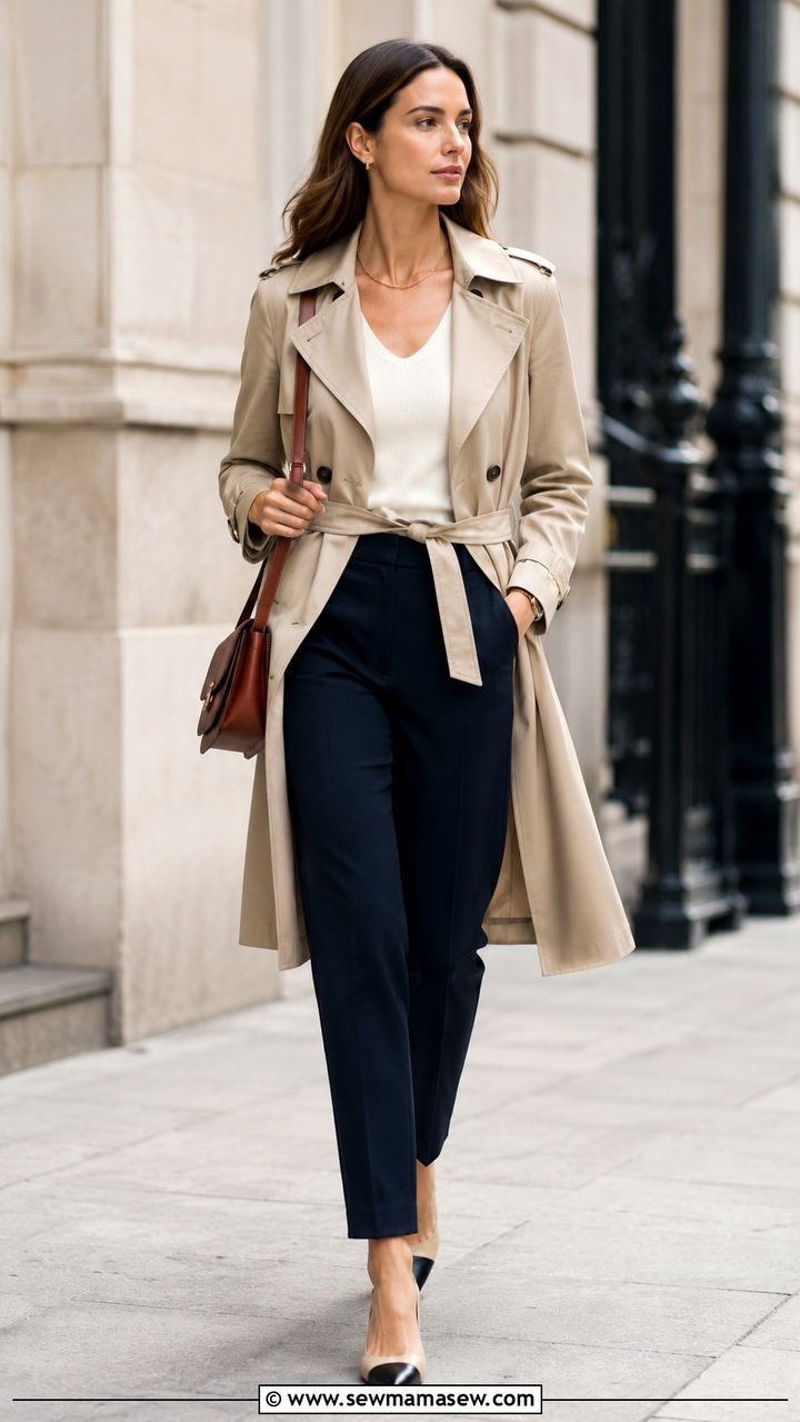 Trench coat over lightweight knit outfit - 30 transitional work outfit ideas