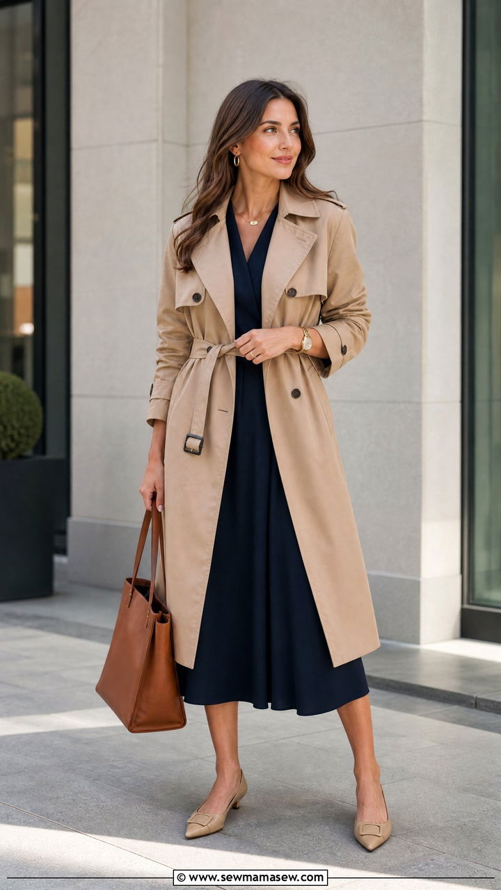 Trench coat over midi dress office - 30 Stylish office outfit ideas