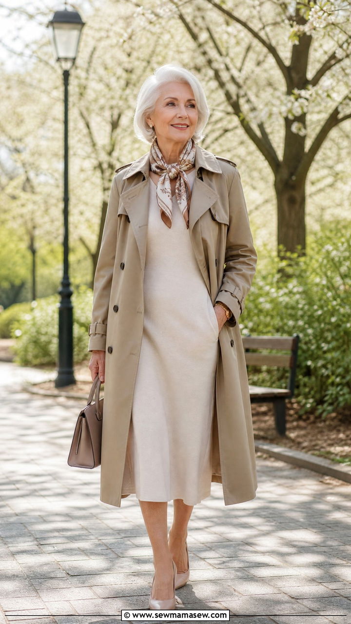 Trench coat over midi dress outfit - 30 Stylish outfits for grandmas