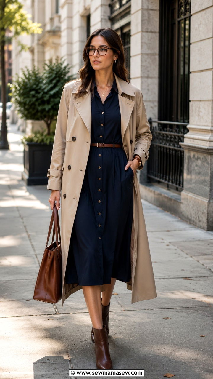 Trench coat over midi dress outfit - 30 librarian core outfits for women