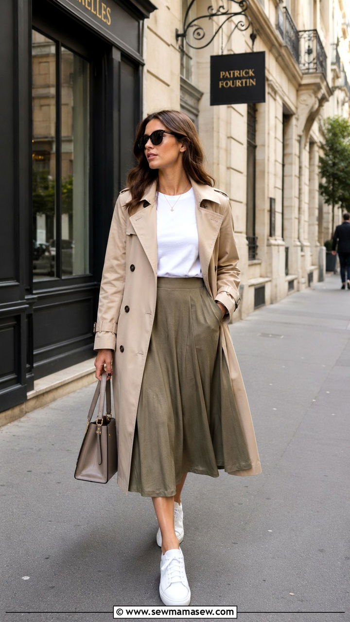 Trench coat over midi skirt with sneakers - 30 Midi skirt outfit ideas with sneakers