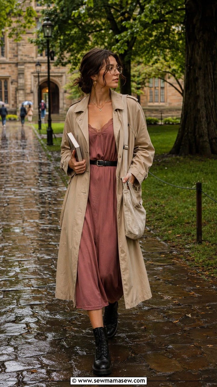 Trench coat over midi slip dress and lace up boots - 25 Poetcore outfit ideas college professor aesthetic