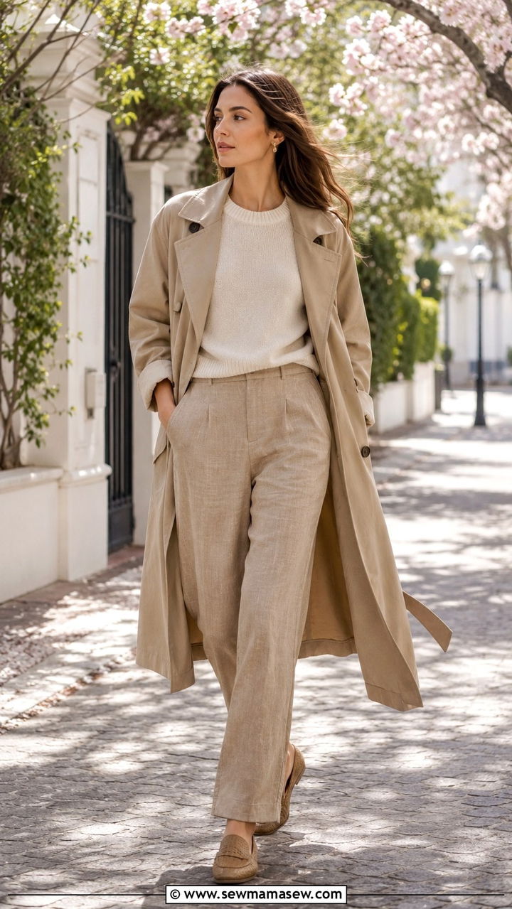 Trench coat over sweater and linen trousers outfit - 20 casual librarian core outfits