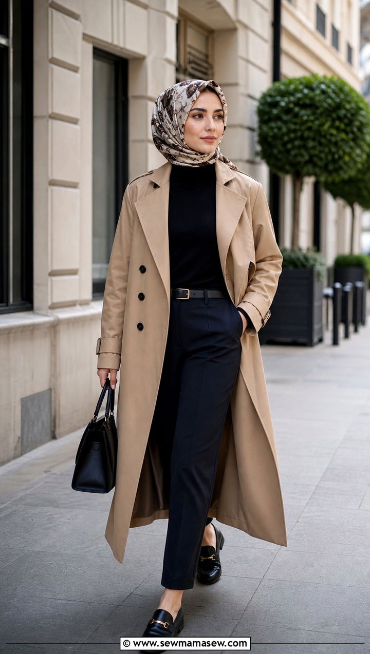 Trench coat over turtleneck and straight cut trousers - 25 classy outfits for hijab women