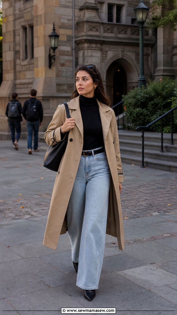 Trench coat over wide leg jeans outfit - 30 college outfits inspo