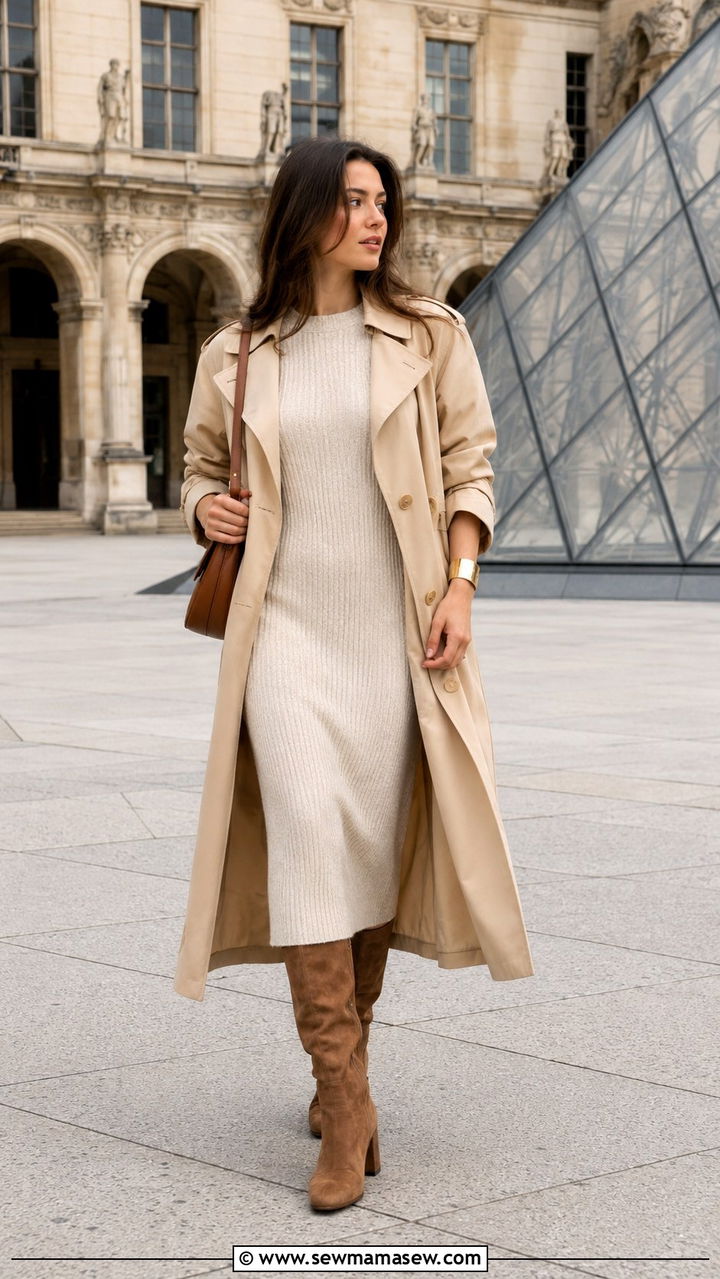 Trench coat paired with a ribbed knit midi dress and knee high boots - 30 Spring outfits with trench coat