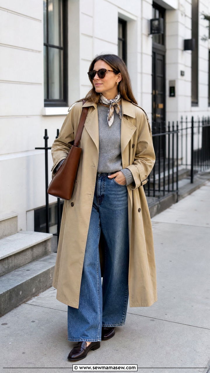 Trench coat wide leg jeans and loafers - 20 Wide leg jeans outfit ideas with a trench coat
