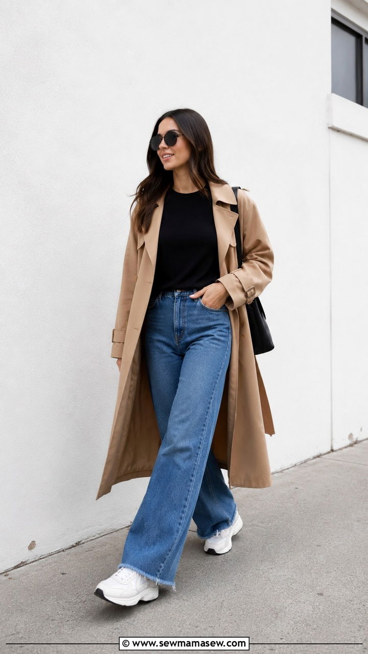Trench coat wide leg jeans and sneakers - 20 Wide leg jeans outfit ideas with a trench coat