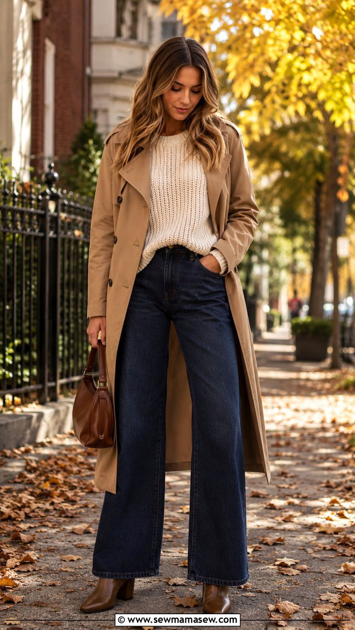 Trench coat wide leg jeans and sweater - 20 Wide leg jeans outfit ideas with a trench coat