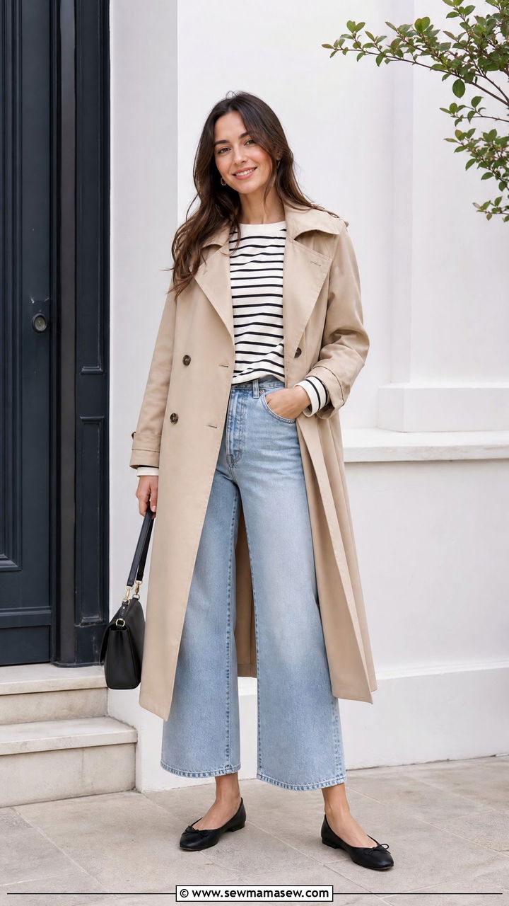 Trench coat wide leg jeans ballet flats - 20 Wide leg jeans outfit ideas with a trench coat