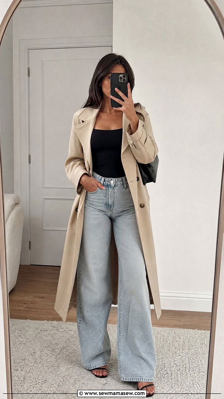 Trench coat wide leg jeans bodysuit outfit - 20 Wide leg jeans outfit ideas with a trench coat