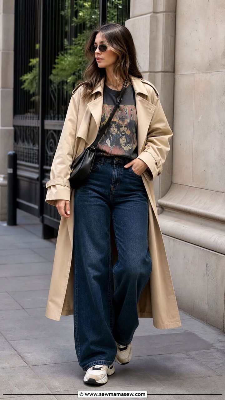 Trench coat wide leg jeans graphic tee - 20 Wide leg jeans outfit ideas with a trench coat
