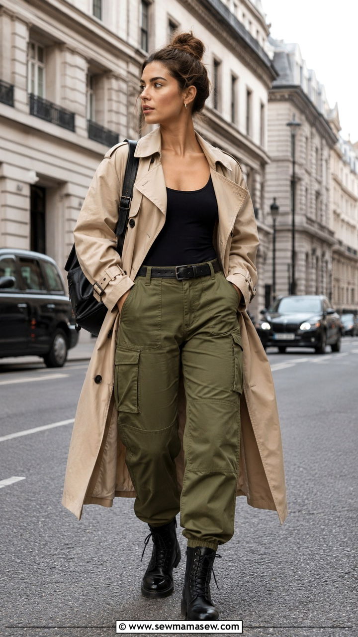 Trench coat with a bodysuit and cargo pants - 30 how to style trench coat outfits