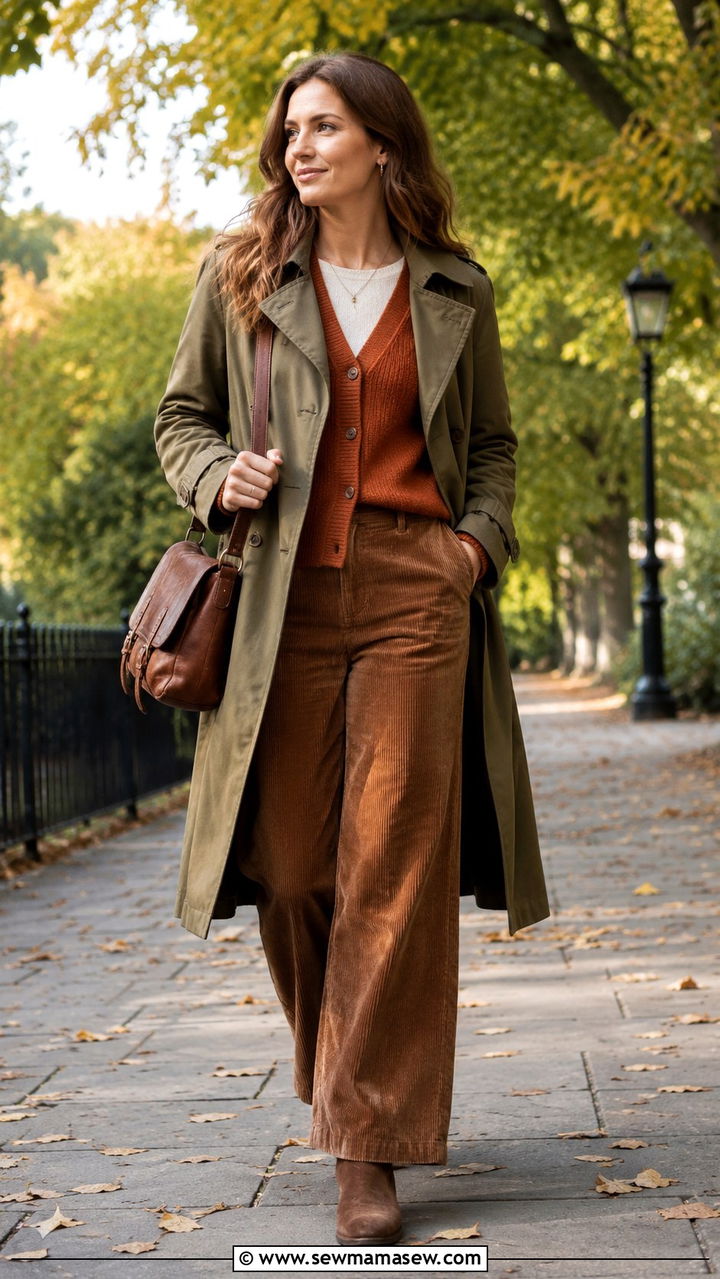 Trench coat with a cardigan and corduroy trousers - 30 how to style trench coat outfits