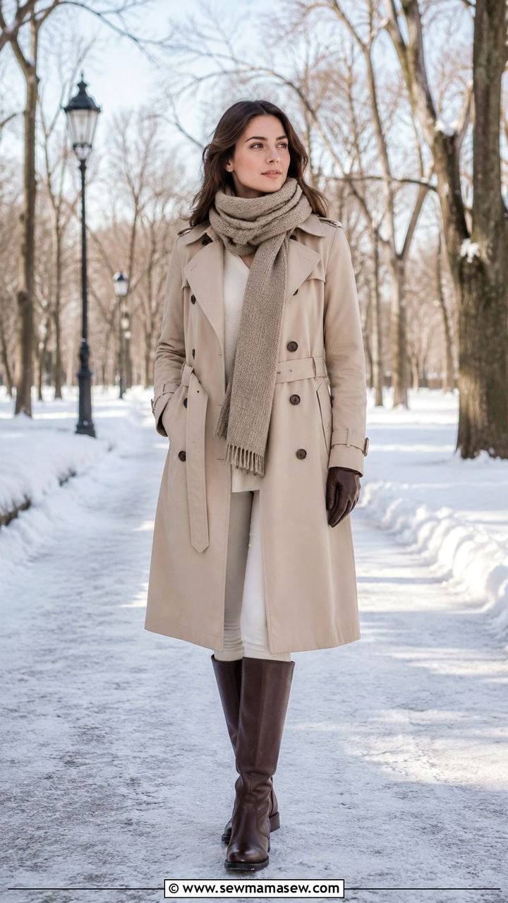 Trench coat with a chunky knit scarf and riding boots - 30 how to style trench coat outfits