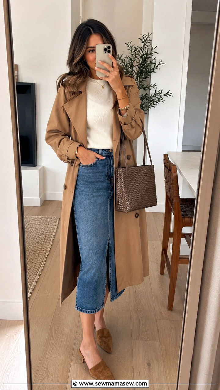 Trench coat with a denim midi skirt and mules - 30 how to style trench coat outfits