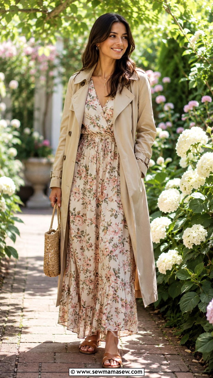Trench coat with a floral maxi dress and flat sandals - 30 how to style trench coat outfits