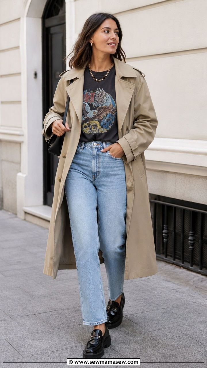 Trench coat with a graphic tee and straight leg jeans - 30 how to style trench coat outfits