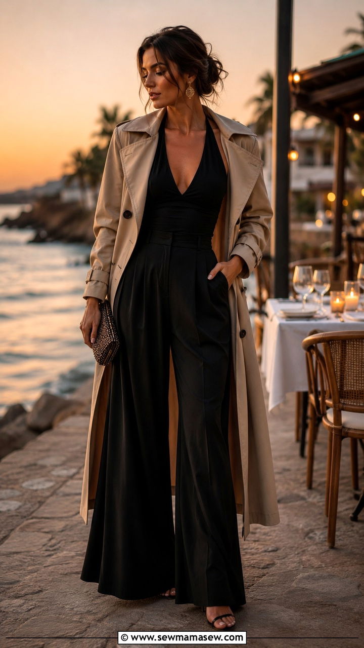 Trench coat with a halter top and palazzo pants - 30 how to style trench coat outfits
