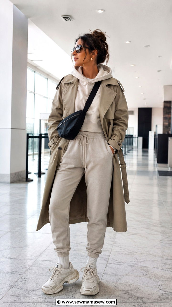 Trench coat with a hoodie and joggers - 30 how to style trench coat outfits