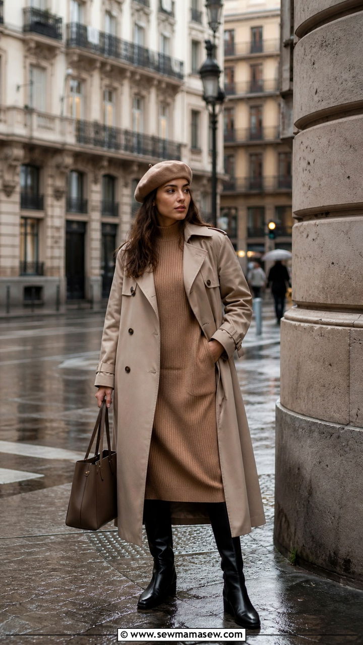 Trench coat with a knit sweater dress and knee high boots - 40 What to wear in Madrid