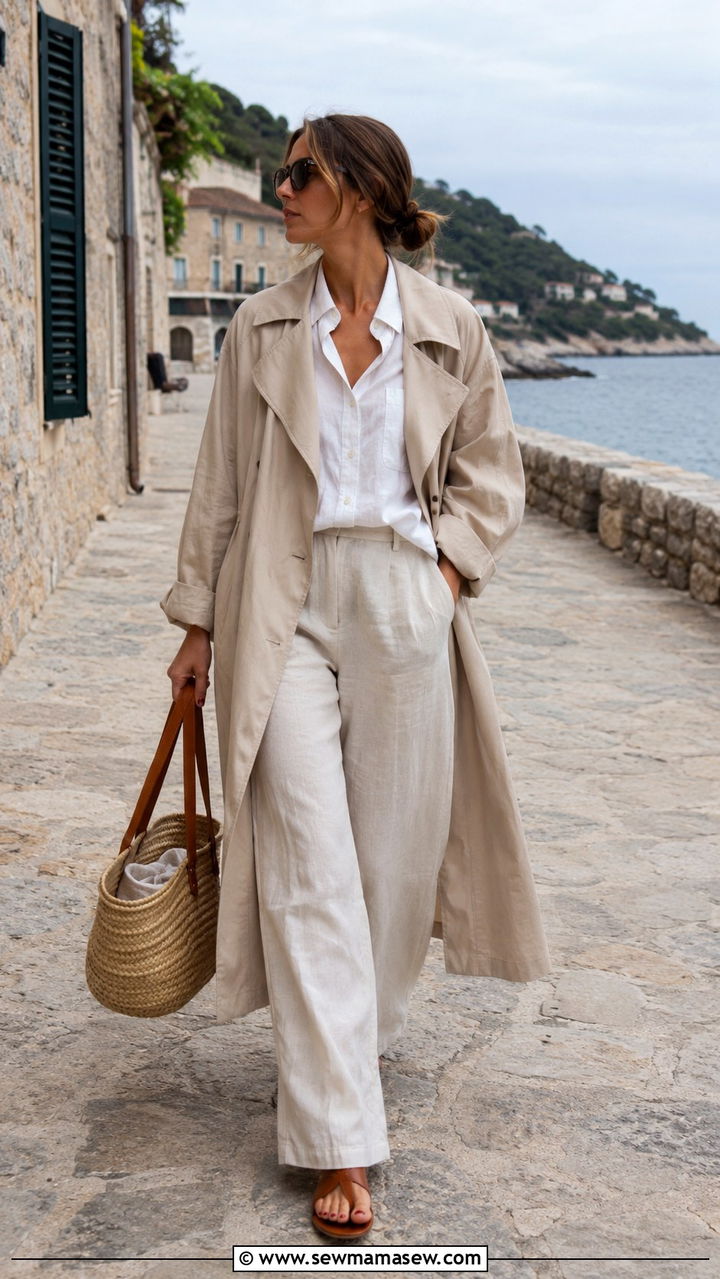 Trench coat with a linen shirt and wide leg linen trousers - 30 how to style trench coat outfits