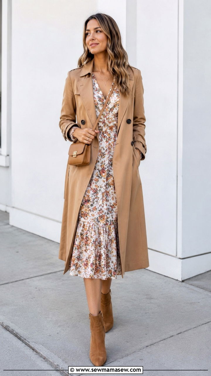 Trench coat with a midi dress and ankle boots - 30 how to style trench coat outfits