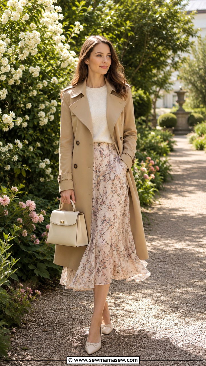Trench coat with a midi skirt and lightweight sweater - 30 How to style a trench coat in spring